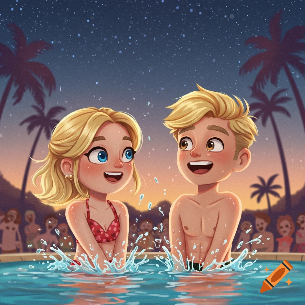 Cartoon blonde man and woman splashing in a crowded pool under a starry sky with palm trees, in Pixar style.