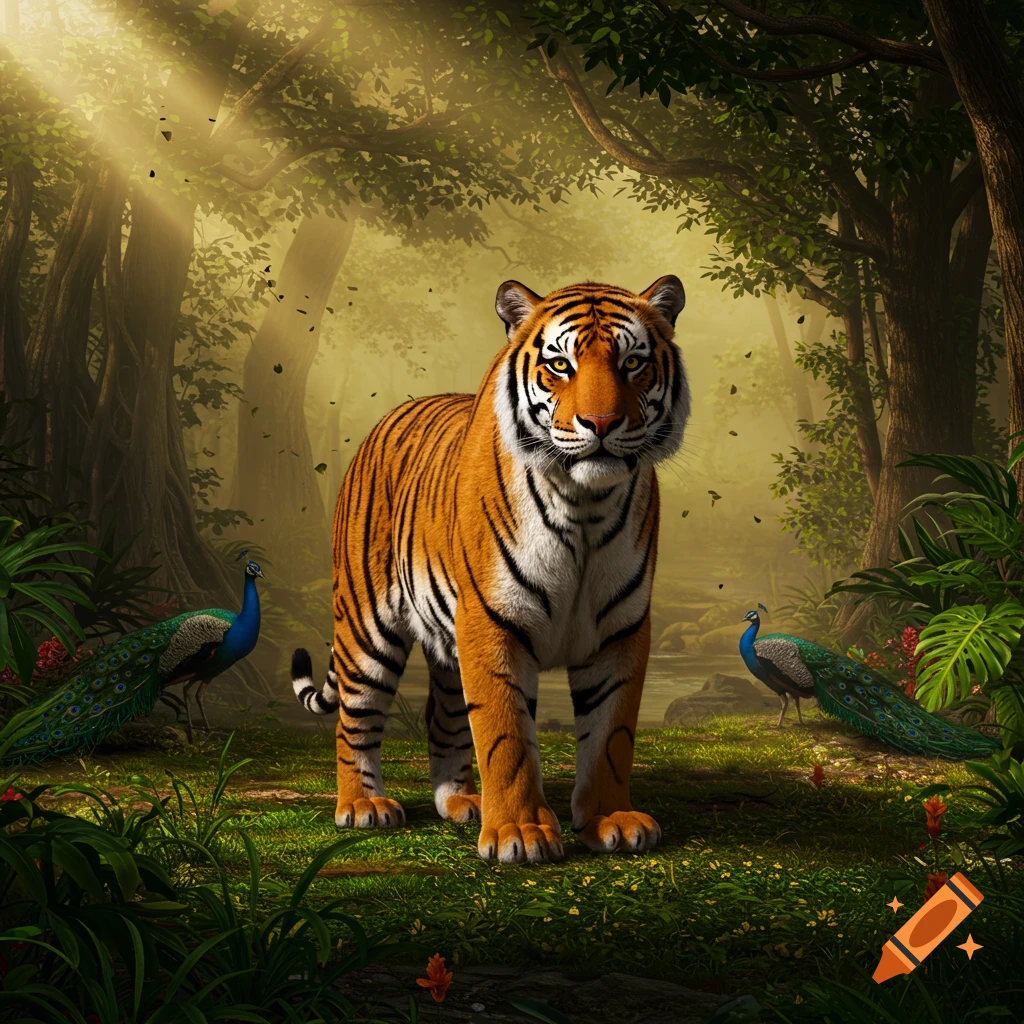 A majestic tiger stands in a lush, sun-dappled jungle with two peacocks in the background, looking directly forward.