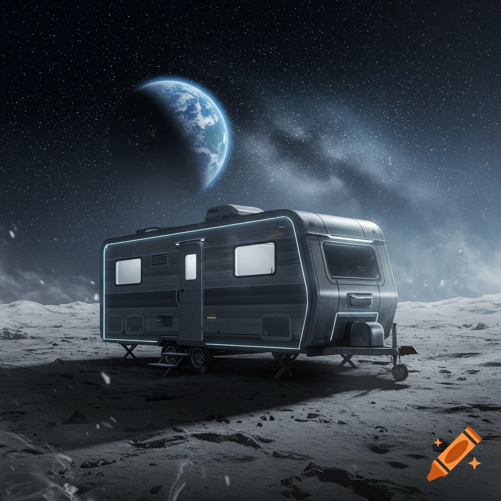 A futuristic dark grey caravan with glowing blue trim sits on a desolate, cratered moon surface, with Earth visible in the starry sky.