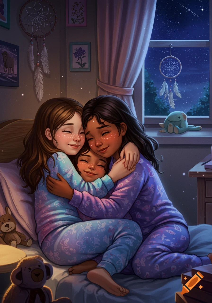 Three girls in pajamas hug in a cozy bedroom at night, with dreamcatchers and a starry window. Digital art.