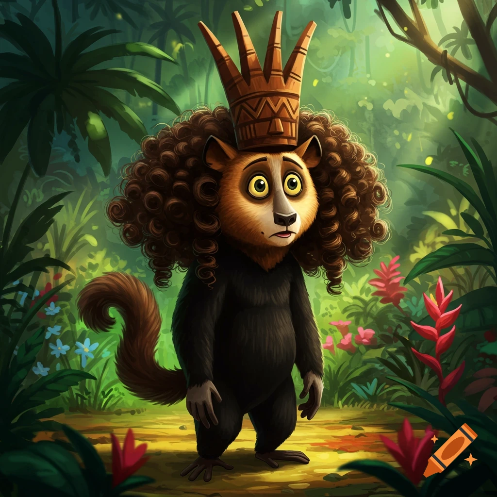 Cartoon Mort from Madagascar wearing a large spiky crown and curly hair in a lush green jungle.