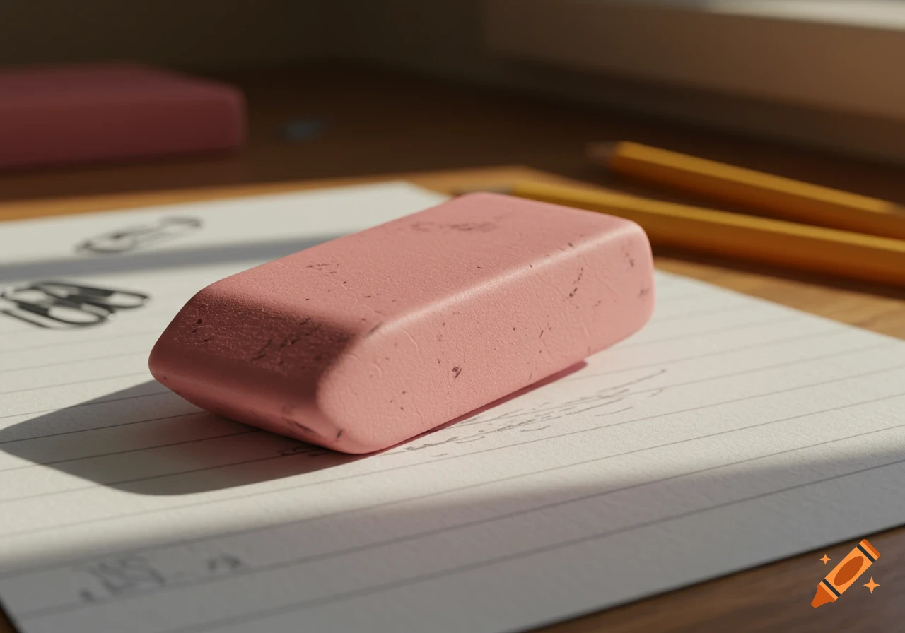 A photorealistic pink eraser on lined paper with pencils in soft sunlight.