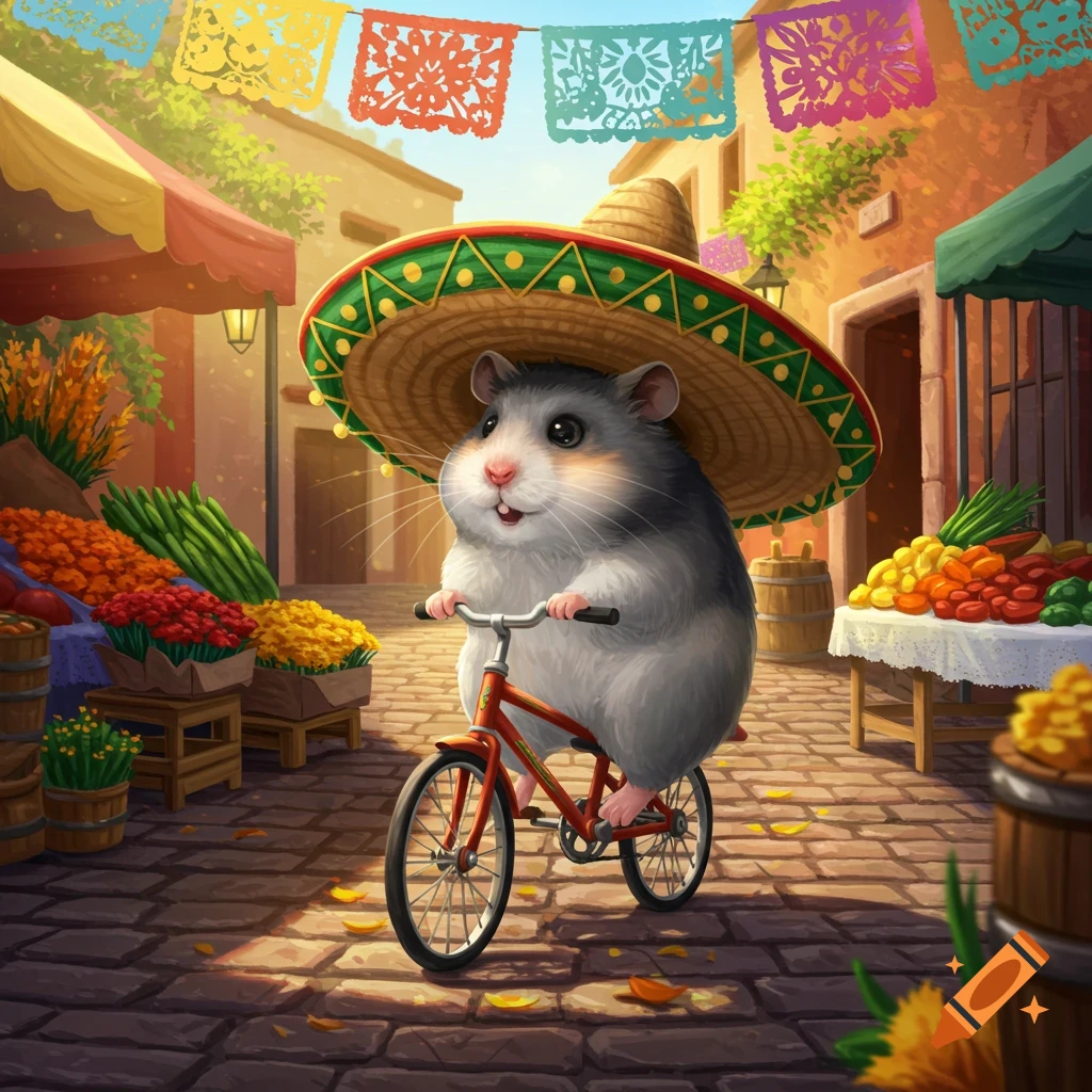 A cute hamster wearing a large sombrero rides a red bicycle through a vibrant Mexican market with food stalls and colorful banners.