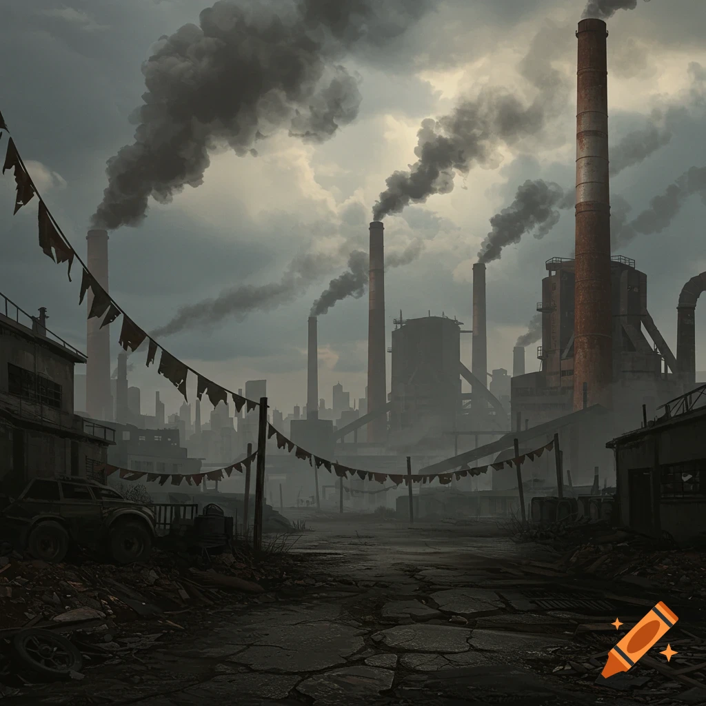 A grim, polluted dystopian industrial landscape with multiple smoking chimneys, tattered flags, and a desolate, trash-strewn foreground under a grey sky.