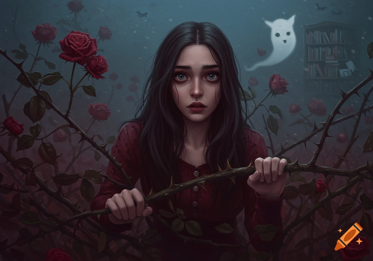 A dark fantasy illustration of a worried woman peeking through thorny rose bushes, with a cute ghost and bookshelf in the hazy background.