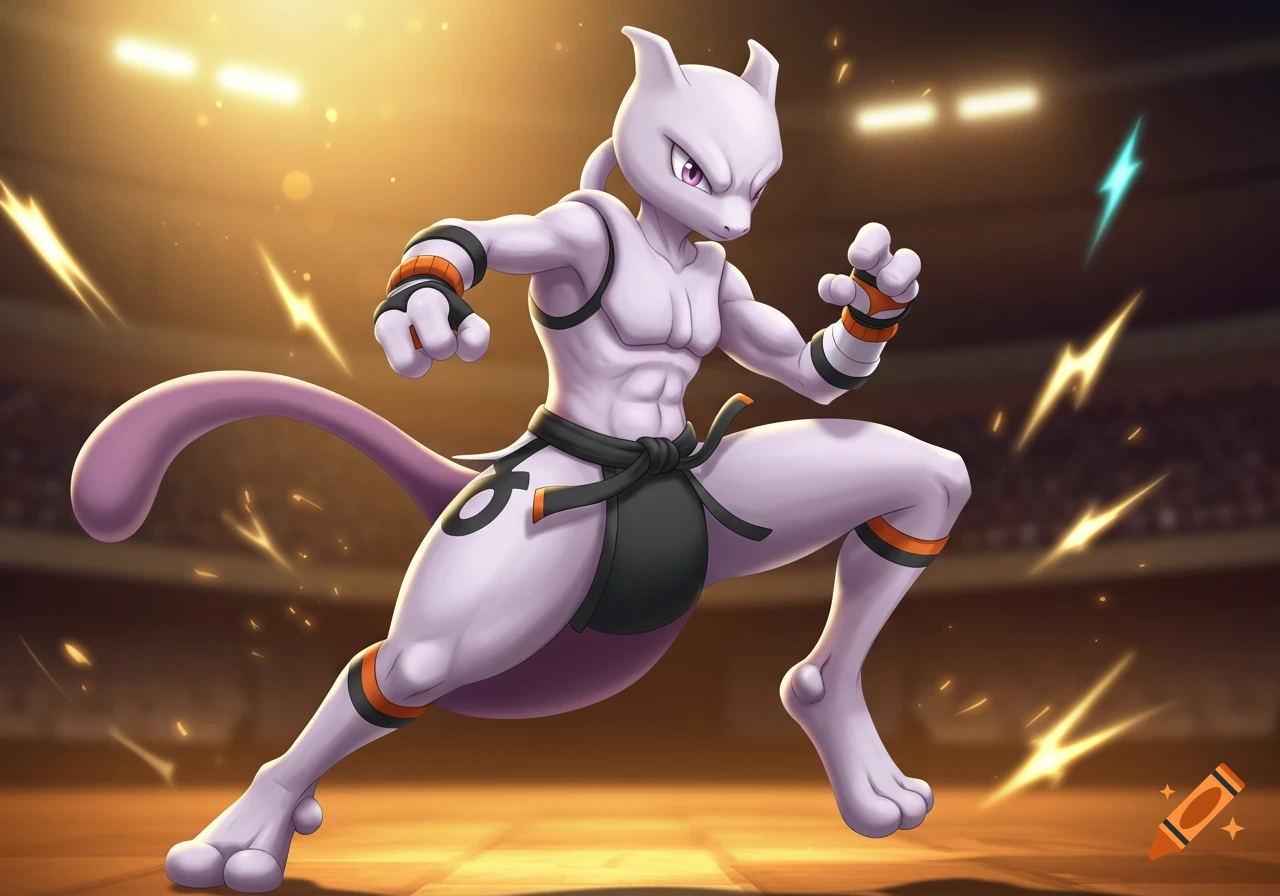Mewtwo in a dynamic fighting pose wearing a black martial arts uniform with orange accents in a brightly lit arena.