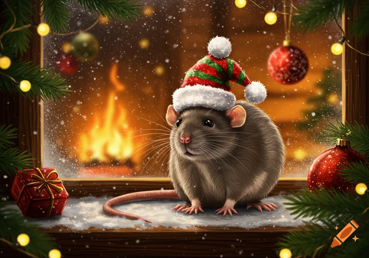 A cute rat with a red and green Christmas hat sits on a snowy windowsill with a fireplace and festive decorations.