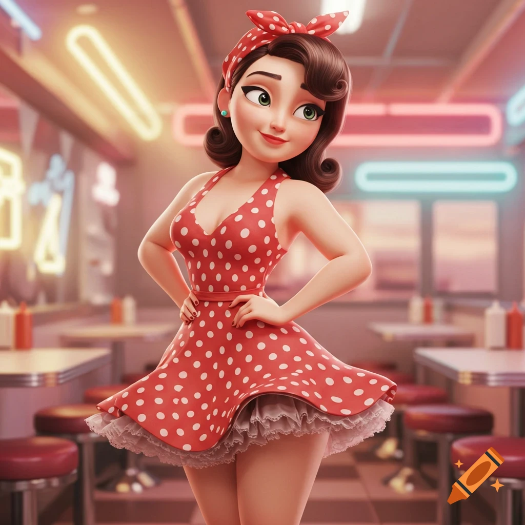 A Pixar-style cartoon woman with brown hair, a red polka dot dress, and a matching headscarf, posing in a retro diner.