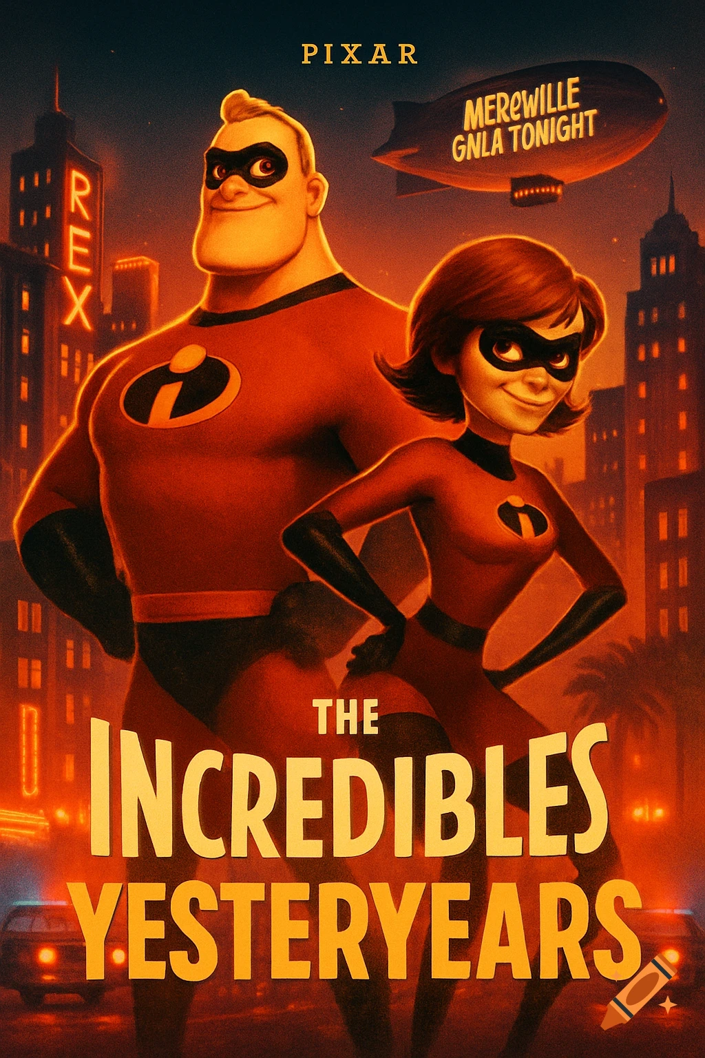 A retro cinematic poster for 'The Incredibles: Yesteryears' features Mr. Incredible and Elastigirl standing in a stylized 1960s city at dusk.