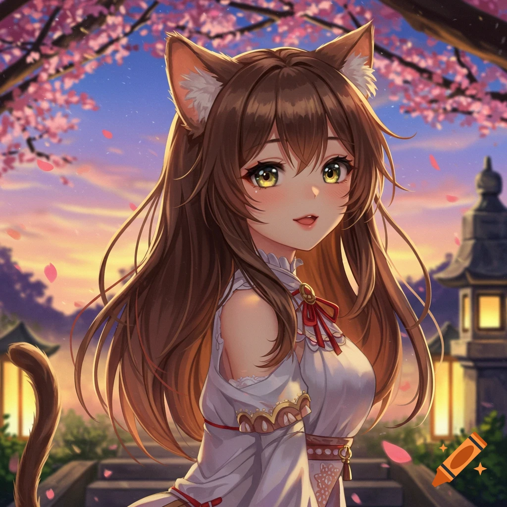 An anime girl with brown cat ears, a tail, brown hair, and hazel eyes smiles under cherry blossoms at sunset, with a Japanese lantern in the background.