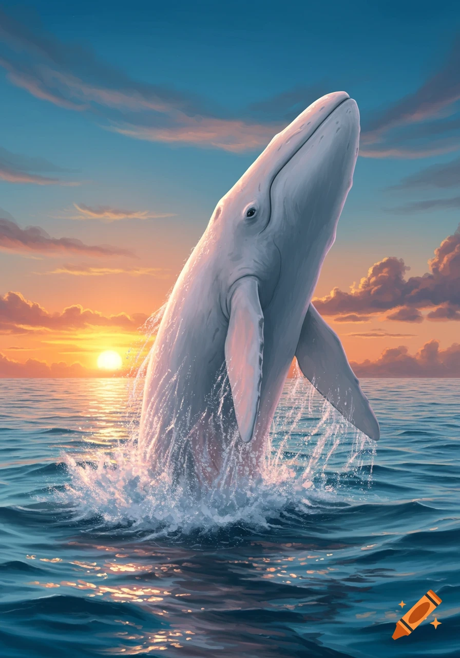 A white whale breaches from the ocean, creating a splash against a vibrant sunset sky with orange and blue hues.