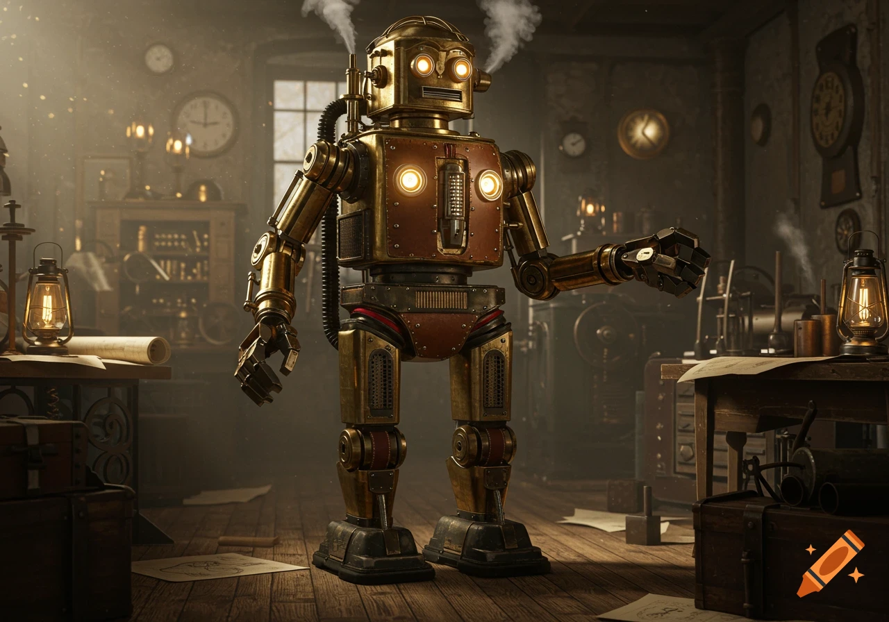 A detailed, golden steampunk robot with glowing eyes stands in a dimly lit, dusty workshop filled with gears and lanterns.