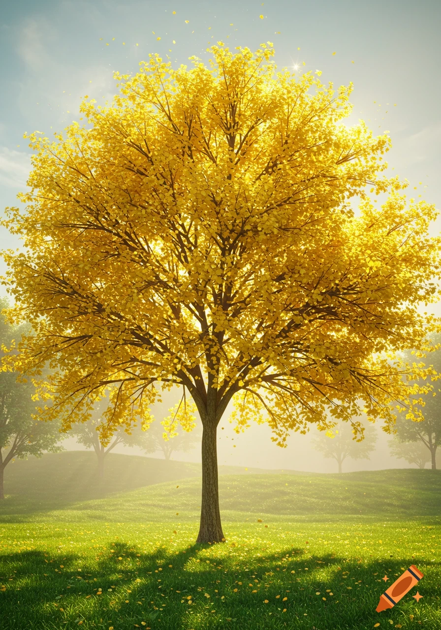 A vibrant golden-leafed tree stands prominently in a sunny, misty green field with dappled light and falling leaves, other trees in the background.