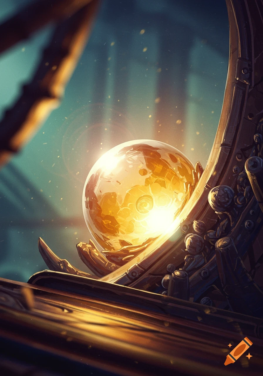 A glowing golden orb rests within an intricate, dark metallic structure against an ethereal background, digital art.