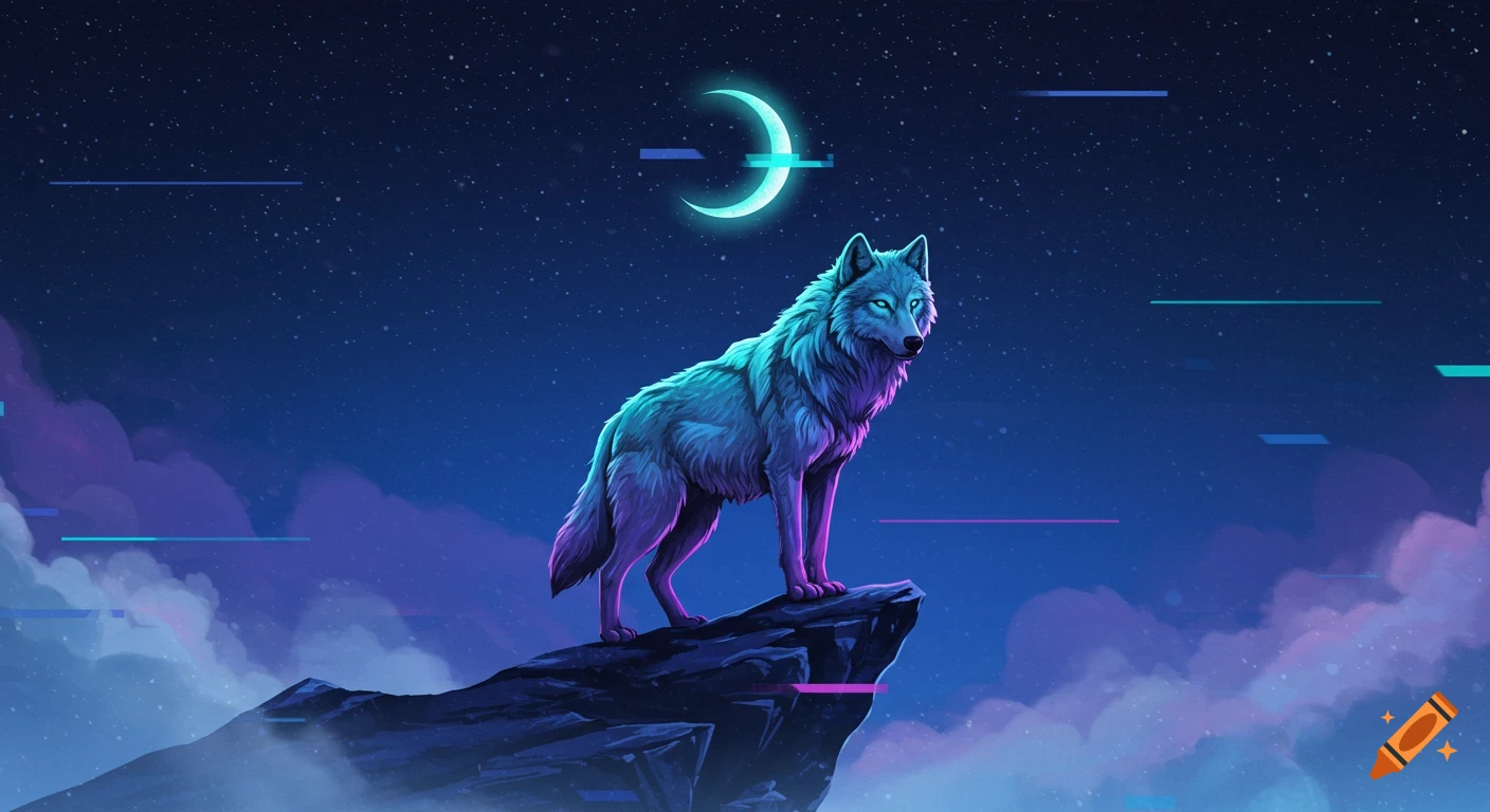 A stylized neon wolf with glowing blue eyes stands on a rock under a starry night sky and crescent moon, with glitch-like lines.