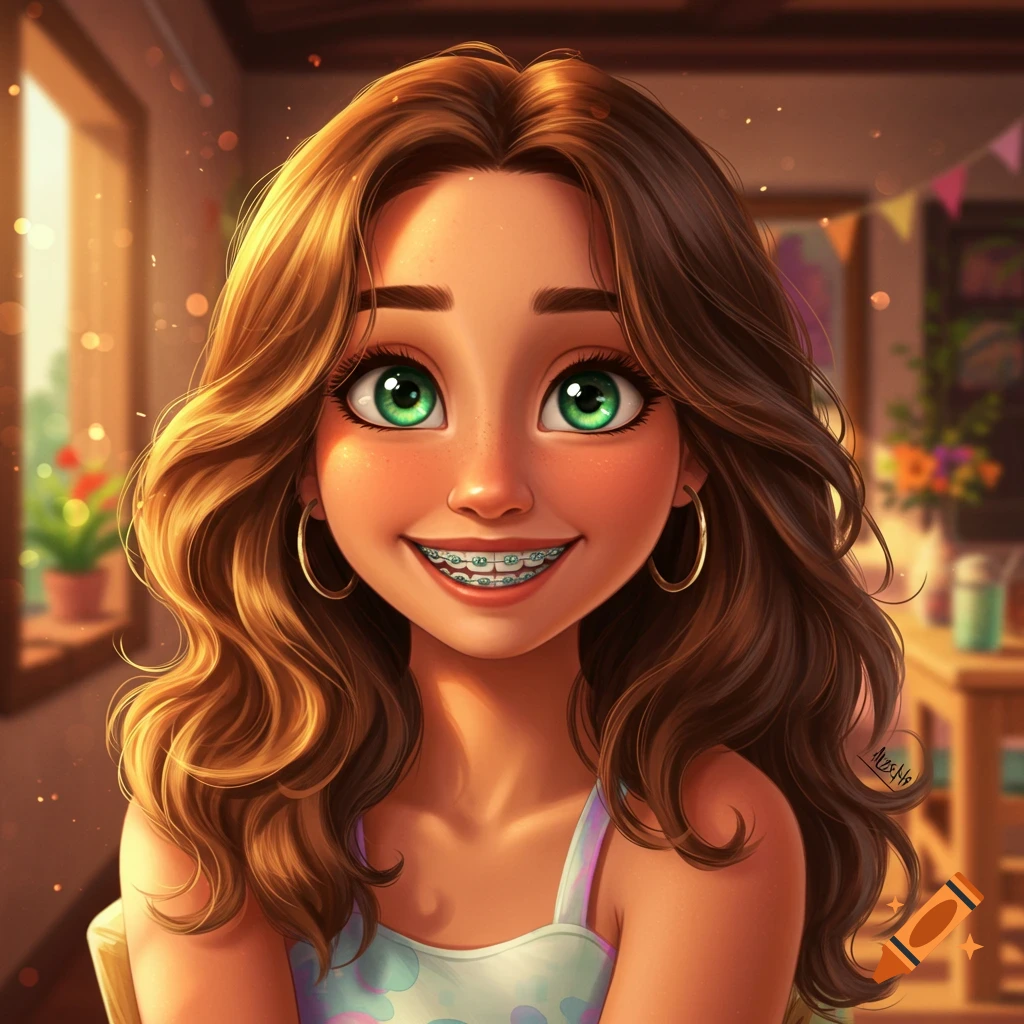 A brightly lit cartoon-style portrait of a smiling young girl with brown wavy hair, green eyes, and braces.