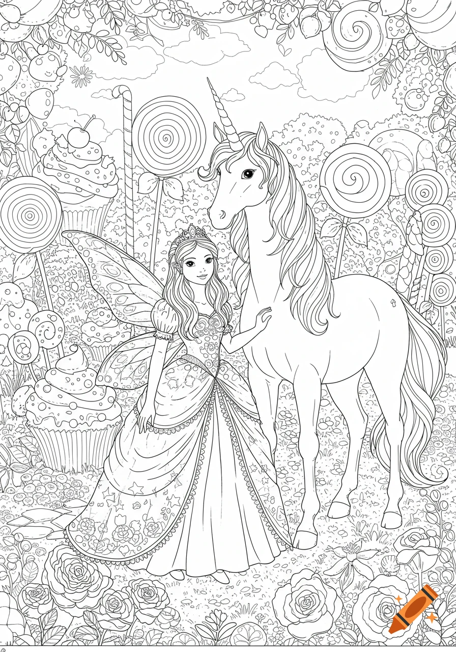 Line art coloring page of a fairy princess with a unicorn, surrounded by giant cupcakes, lollipops, and flowers in a magical garden.