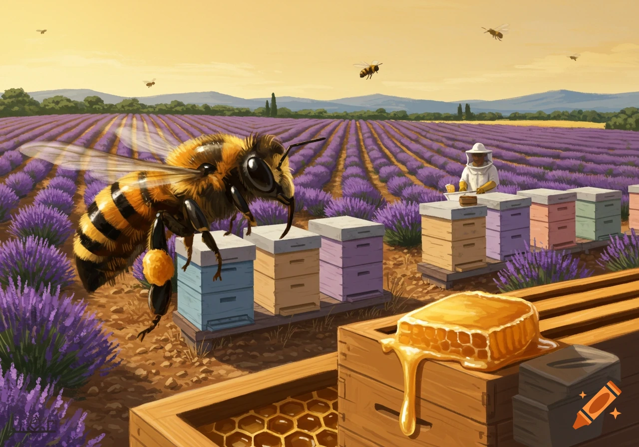 Illustrative painting of a large bee flying over colorful beehives in a lavender field with a beekeeper and honeycomb.