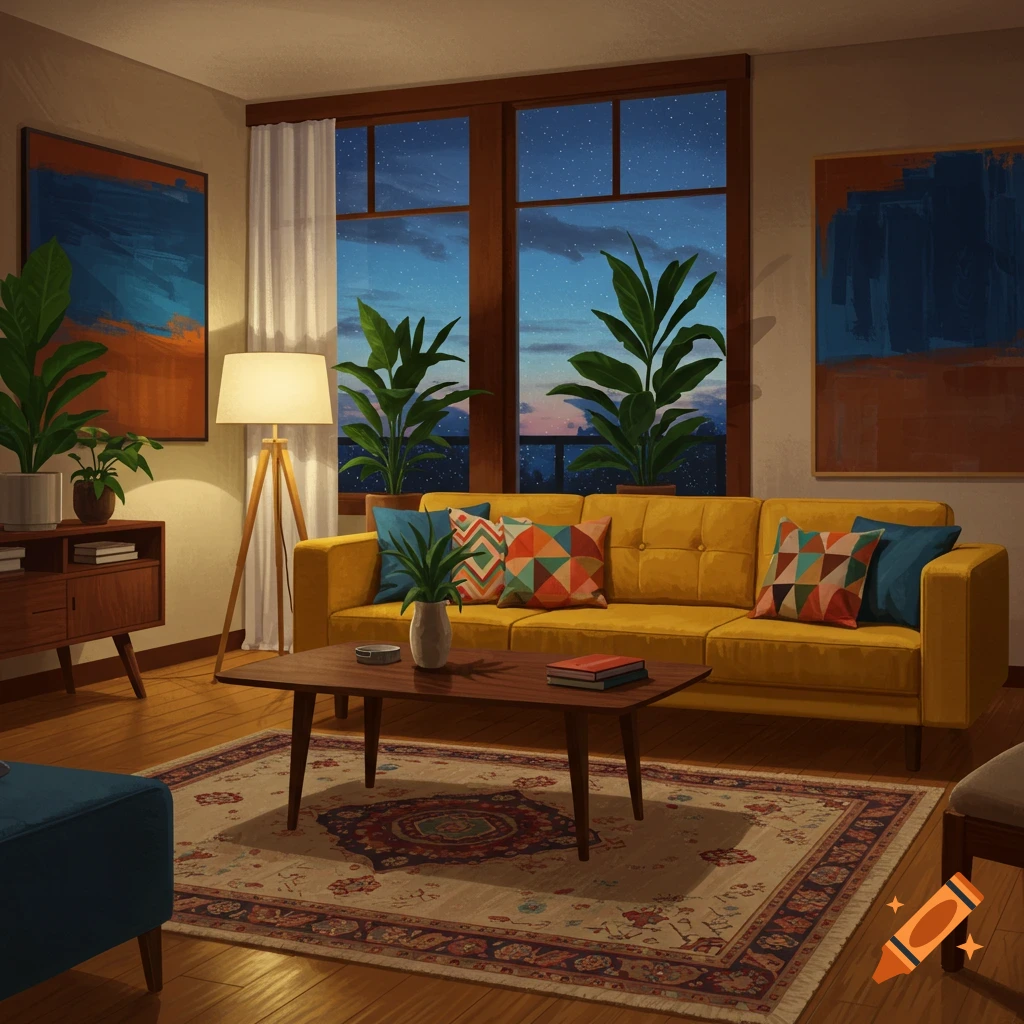 Cozy living room at night with a yellow sofa, patterned pillows, potted plants, wooden coffee table, and large window view of a starry sky.