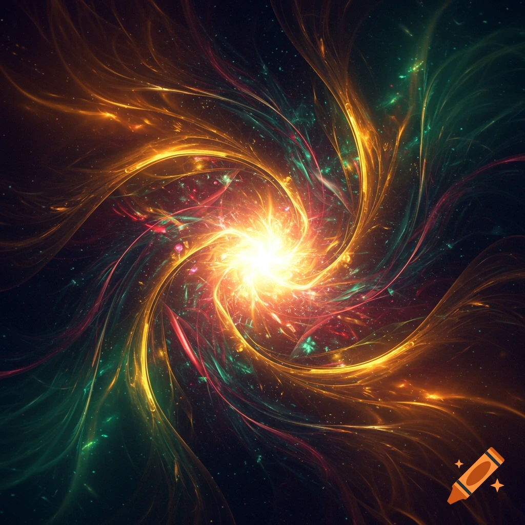 A vibrant, swirling vortex of light and energy against a dark, starry background, resembling a colorful nebula or galaxy.