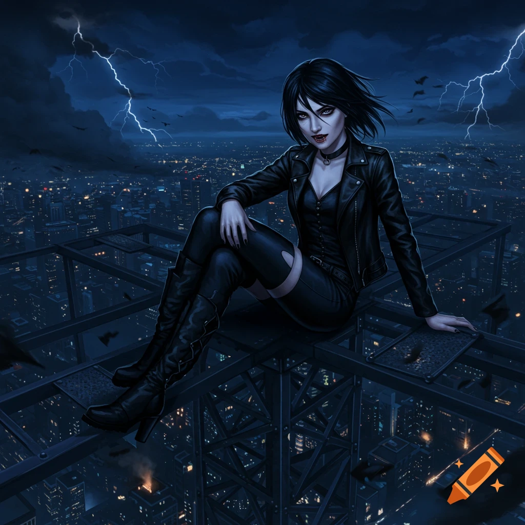 A dark-haired vampire woman in a leather jacket sits on a tall city structure, overlooking a stormy night city with lightning, digital painting.