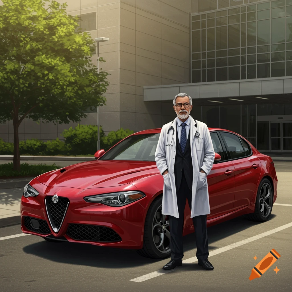 Elderly male doctor in a white lab coat stands in front of a red Alfa Romeo Giulia sedan outside a modern building.