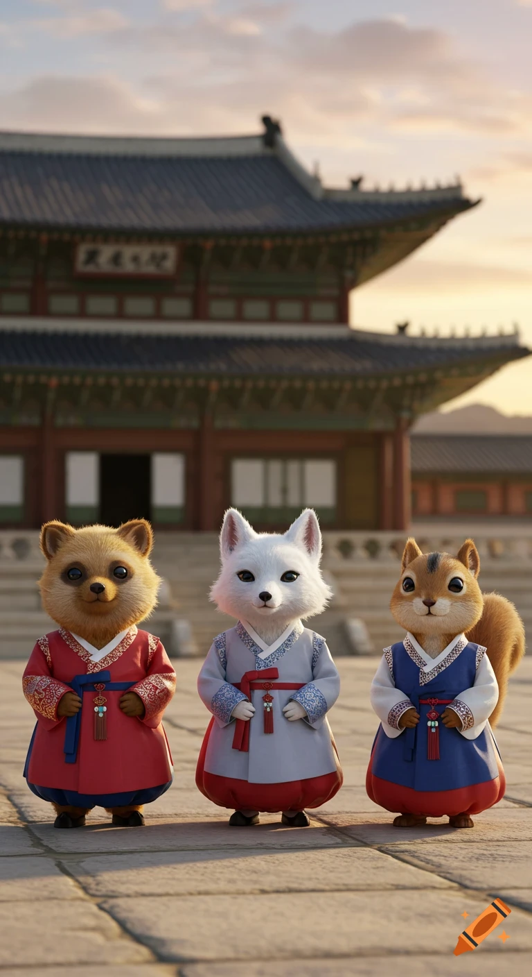 Three cute cartoon animals, a tanuki, white fox, and chipmunk, in traditional Korean hanbok, stand before a palace at sunset.