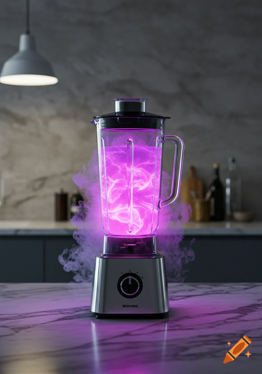 A shiny blender with glowing purple liquid and smoke on a marble kitchen counter under a light.