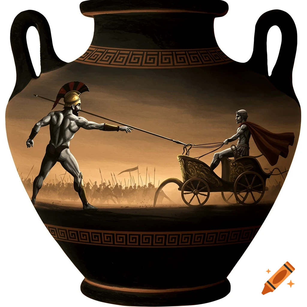 An ancient Greek amphora painting depicts a warrior in a helmet throwing a spear at another figure in a chariot, with an army in the background, in a stylized, high-contrast, black, gray, and orange palette with red accents.