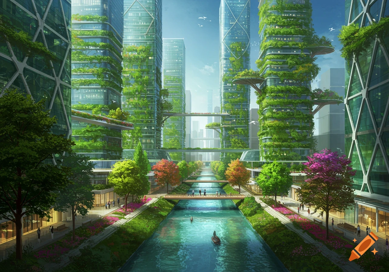 A futuristic city with lush green skyscrapers, a canal, and tree-lined promenades under a bright sky, in a detailed art style.