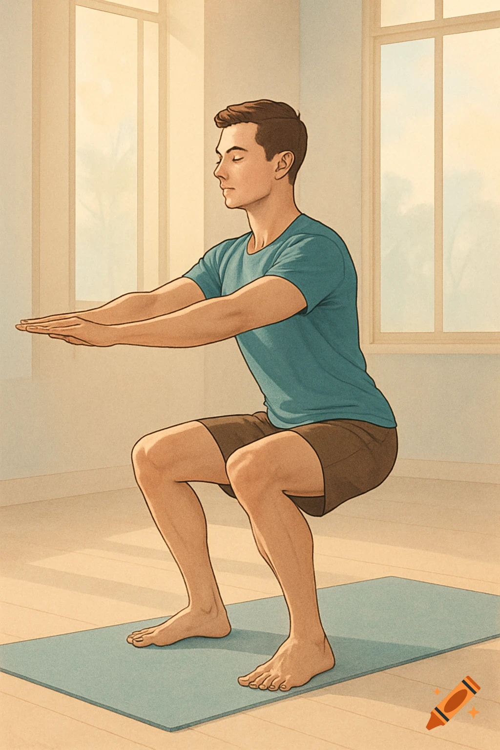 Illustrated man performing a squat on a yoga mat indoors by a window.