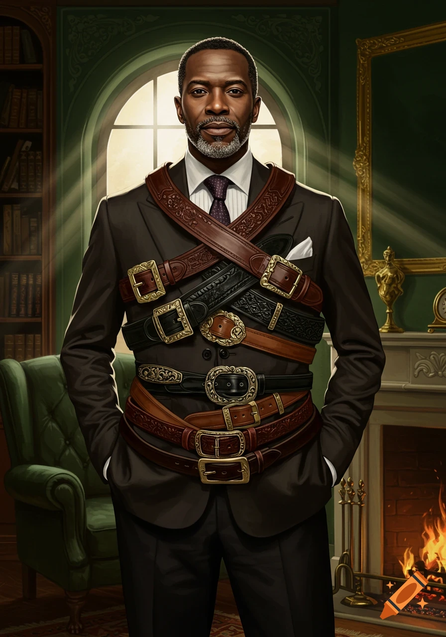 A distinguished man in a dark suit and tie, adorned with many elaborate leather belts, stands in a classic study.