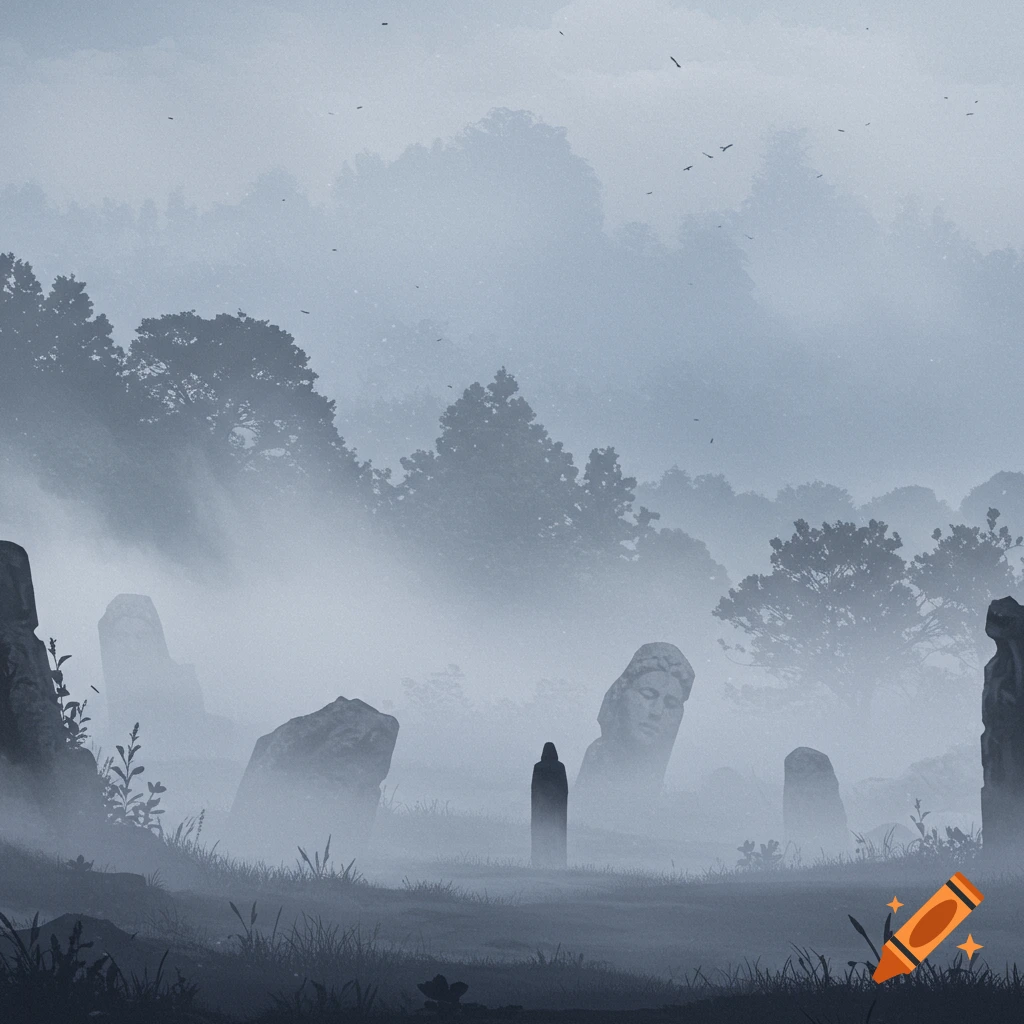 A lone figure in a hooded robe walks through a misty landscape with large ancient stone heads and distant trees.