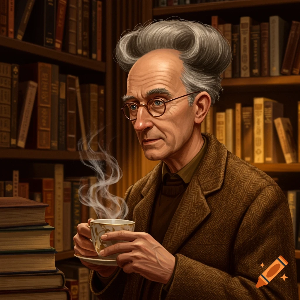 An elderly man with a bouffant hairstyle and glasses sips a steaming cup of tea in a cozy library filled with books.