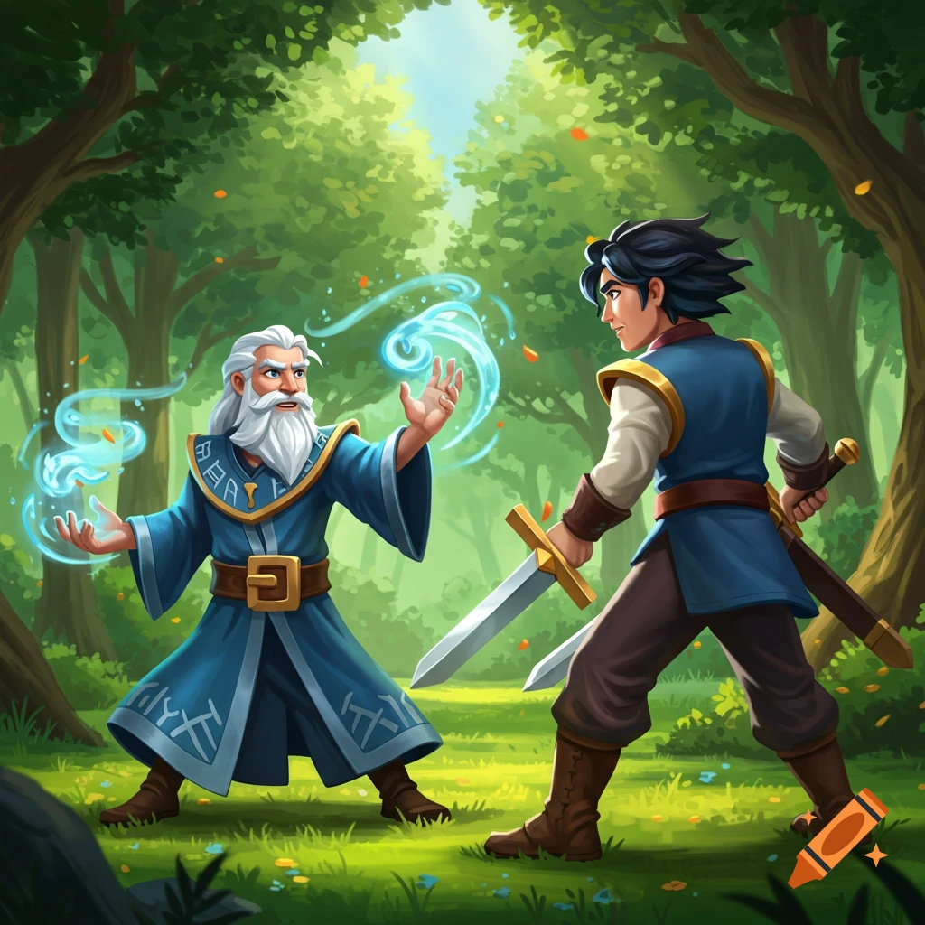 A bearded wizard casts a spell with blue energy towards a young warrior with a sword in a forest, in a vibrant cartoon style.