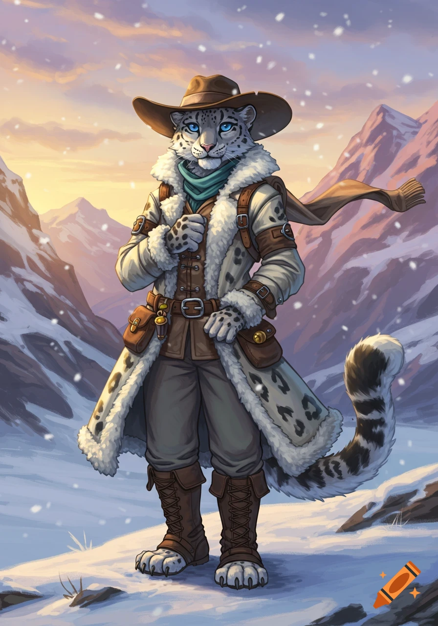 An anthropomorphic snow leopard in a cowboy hat and a fur-trimmed coat stands in a snowy mountain landscape at sunset.