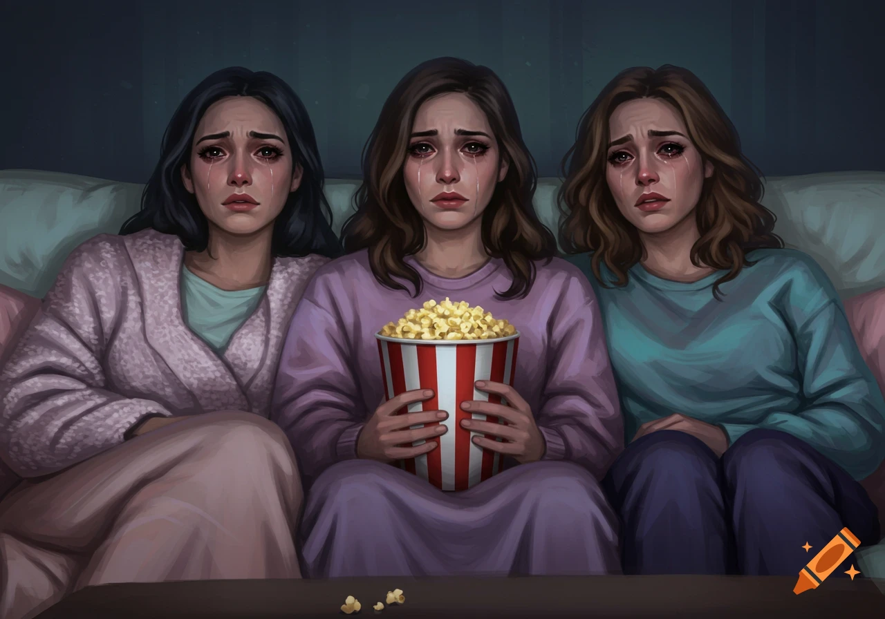 Three women sit on a couch, crying and watching a sad movie, one holding a popcorn bucket, in a digital illustration style.