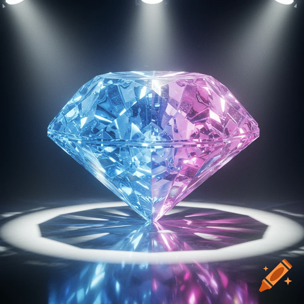 A shiny faceted diamond with a blue and pink gradient reflecting light, standing on a dark surface with circular spotlight.
