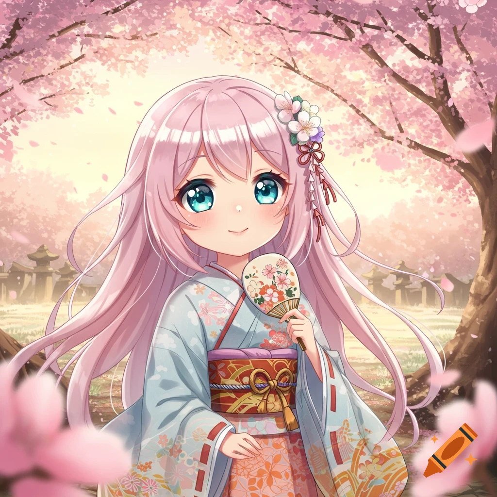 Cute anime girl with pink hair and blue eyes, wearing a kimono and holding a fan, stands under cherry blossom trees.