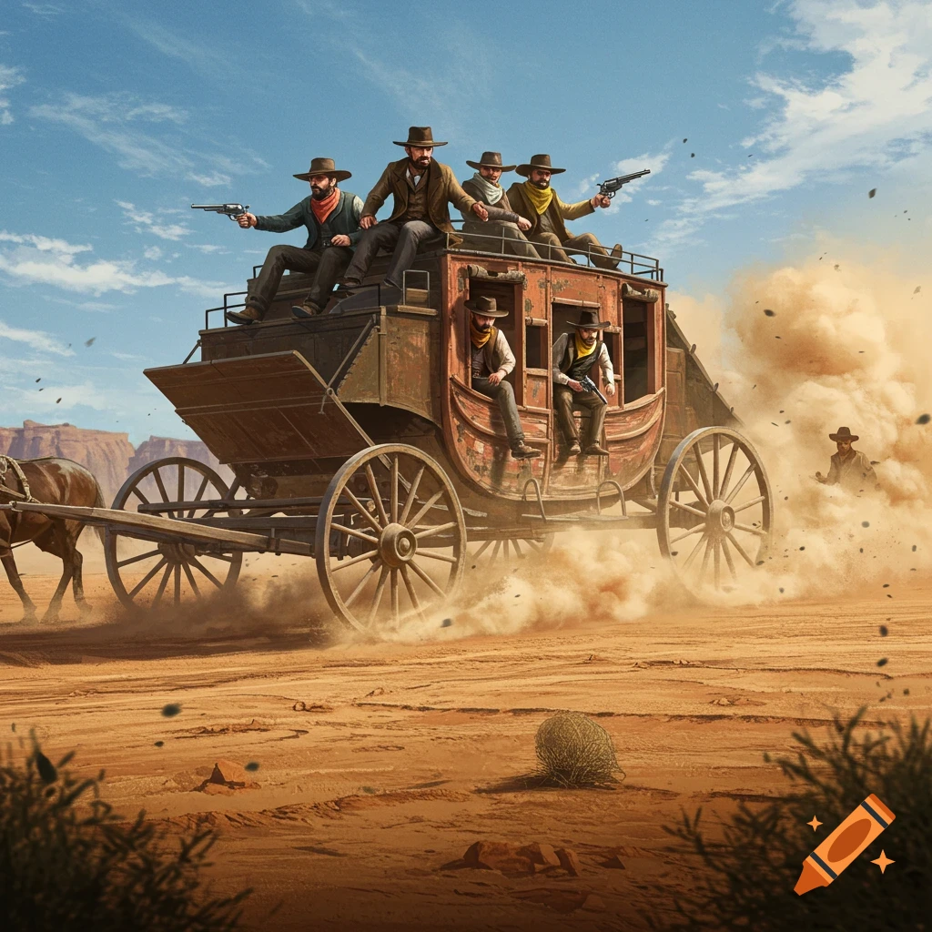 Men with guns ride on and in a stagecoach, kicking up dust in a vast desert landscape under a blue sky.