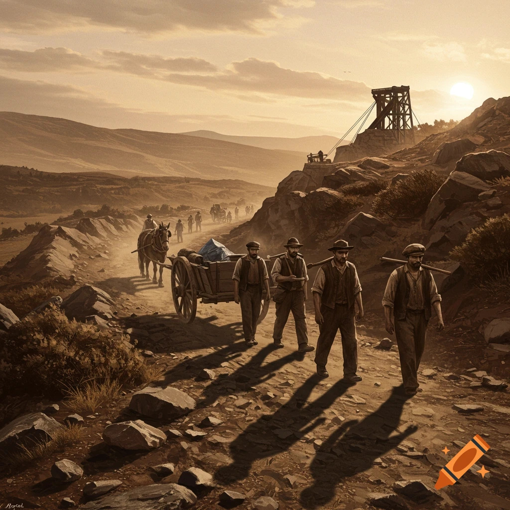 Sepia-toned image of miners and a horse-drawn cart on a dusty path near a mine structure at sunset.