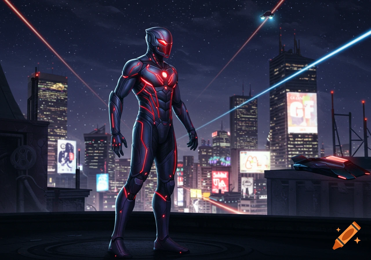 A superhero in a black and red glowing suit stands on a rooftop overlooking a futuristic cityscape at night with flying vehicles and neon signs.