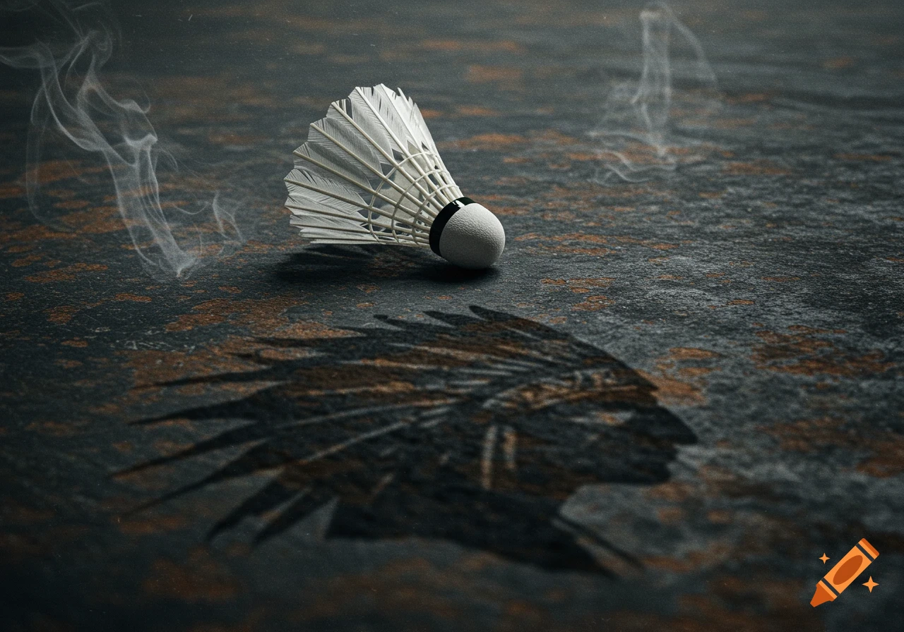 A white shuttlecock on a dark, textured ground, casting a shadow of a Native American chief's head with a headdress. Wisps of smoke rise.