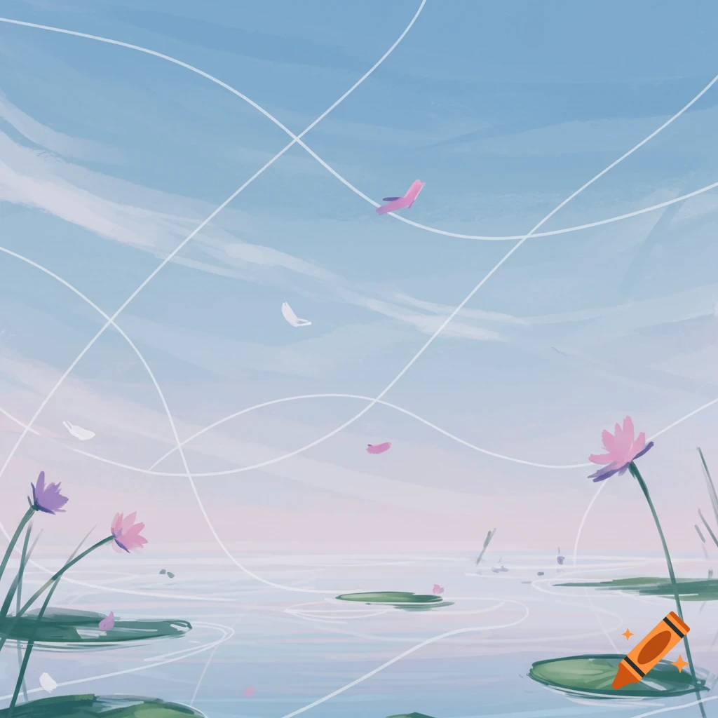 A soft, tranquil illustration of lotus flowers on calm water under a blue-pink sky with abstract white lines.