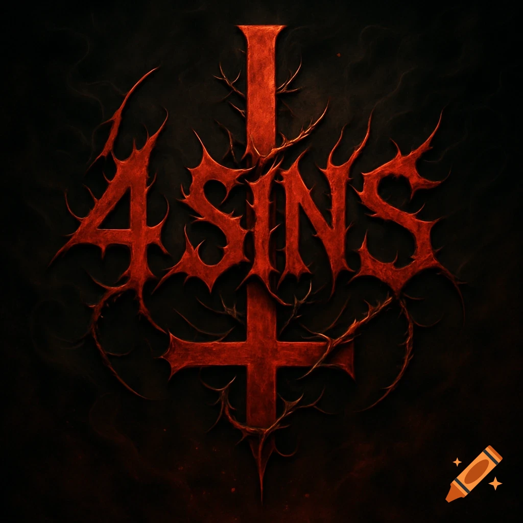 Red thorny heavy metal logo for '4SINS' with an inverted cross on a dark background.