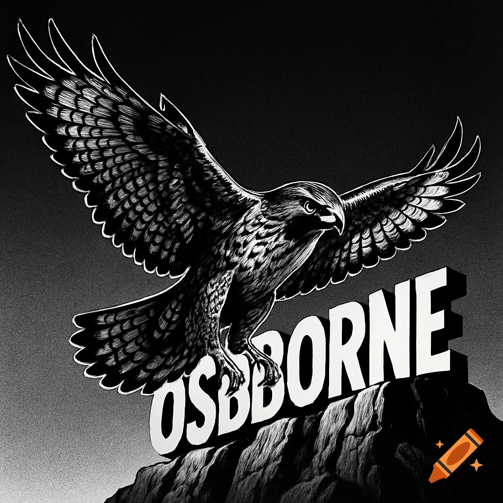 Black and white illustration of a hawk with outstretched wings, perched on a rock formation with the word OSBORNE in block letters.