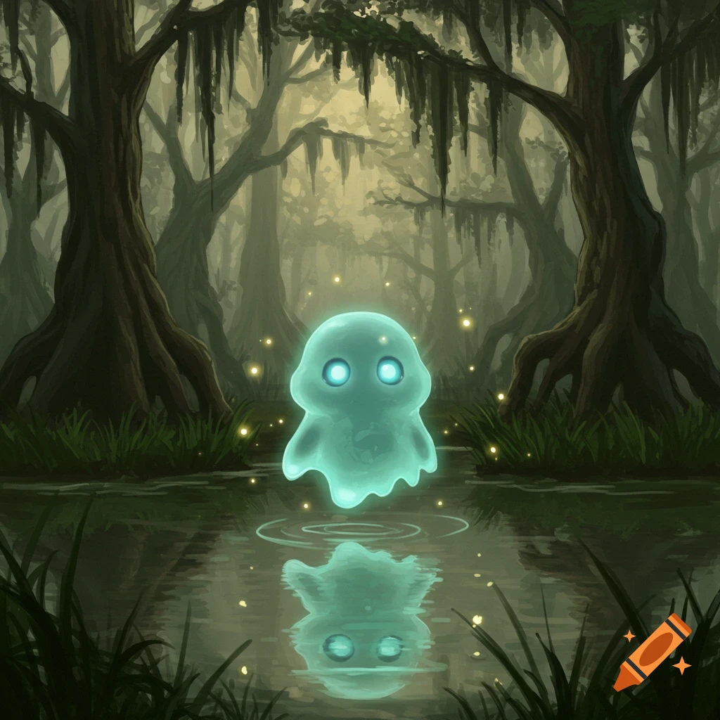 A glowing blue ghost floats above its reflection in a mystical swamp forest with fireflies, cartoon illustration.