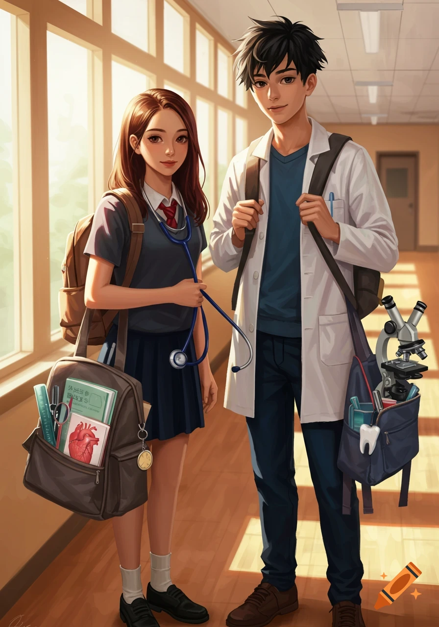 Anime drawing of two students, a girl with a stethoscope and a boy in a lab coat, carrying backpacks with medical supplies in a school hallway.