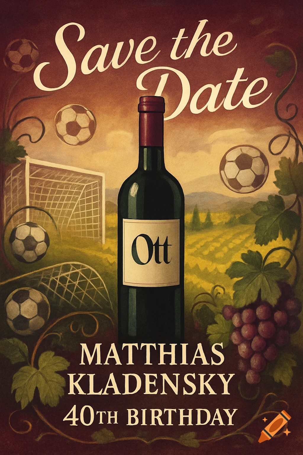 Save the Date birthday card illustration with a wine bottle, soccer balls, a goal, and a vineyard under a red sky.