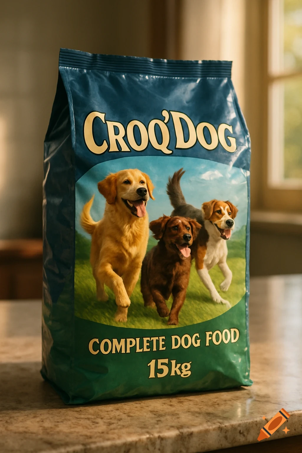 A photorealistic image of a blue and green bag of 'CROQ'DOG Complete Dog Food' with three happy dogs running on the label.